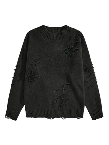 Verdusa Men's Ripped Hollow Crew Neck Long Sleeve Sweater Casual Knit Pullover Sweaters