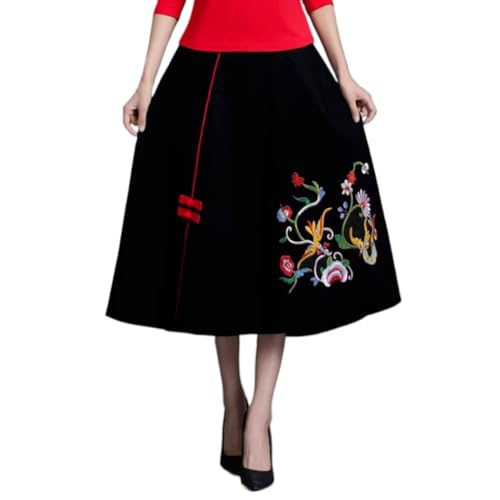 LIXINGHEITANG Autumn Skirt Spring and Summer Waist with Pocket Midlength Embroidered Ethnic Style Womens Black