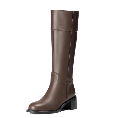Reitoye Knee High Brown Boots Women Round Toe Chunky Block