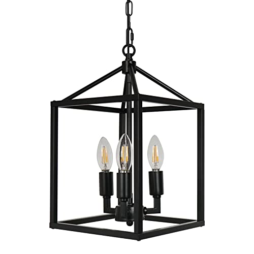 ZOSIMIO Farmhouse Industrial Pendant Light, Rustic Lantern Chandelier, Black Kitchen Lighting Fixture for Dining Room, Entryway, Hallway (3-Light)