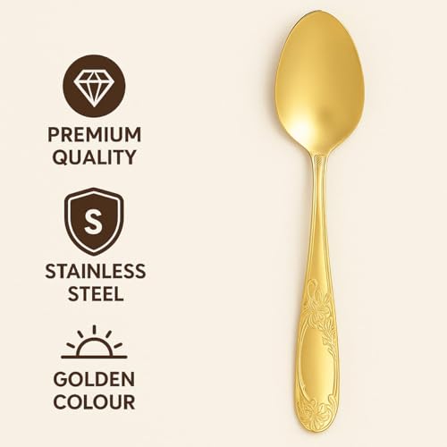 Image of Destroyer Gold Stainless Steel Cutlery Set, 12 Pieces, 6 Dinner Spoons & 6 Dinner Forks, PVD Golden Finish, 16 cm, Premium Flatware for Home & Kitchen