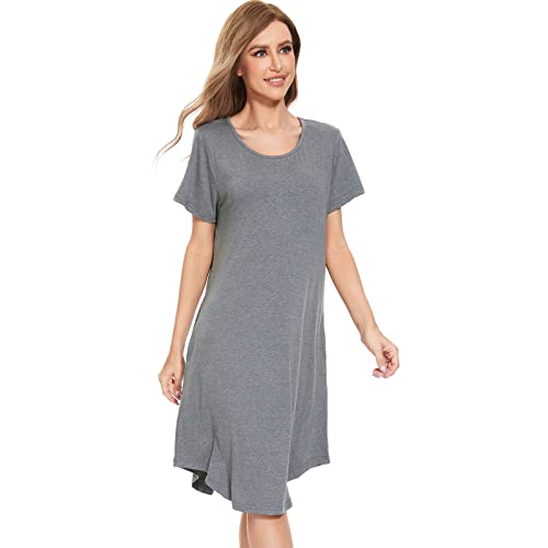 Moyee Women Nightgown Short Sleeve Pajama Dress Loose Night Sleep Shirt Sleepwear With Pockets, Grey, X-Large #TOP2