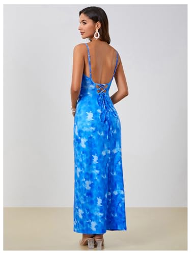 Image of Milumia Women's Floral Backless Lace Up Spaghetti Strap Bodycon Maxi Dress Summer Cowl Neck Long Cami Dress