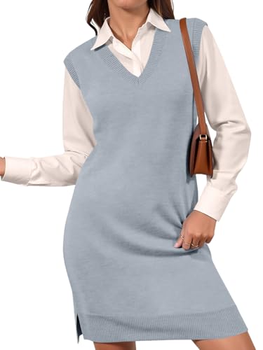 Wenrine Womens Sleeveless Sweater Vest Dress Casual Chunky Knit V Neck Loose Slit Fall Tank Midi Dresses