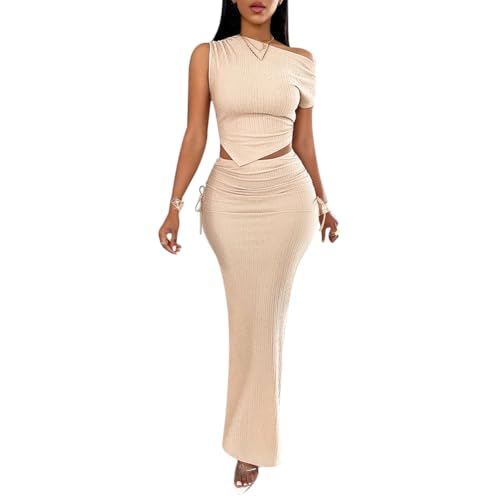 Women's Elegant Solid Color Maxi Skirt Set Off Shoulder Short Sleeve Slim Fit Top and High Waisted Fishtail Skirt