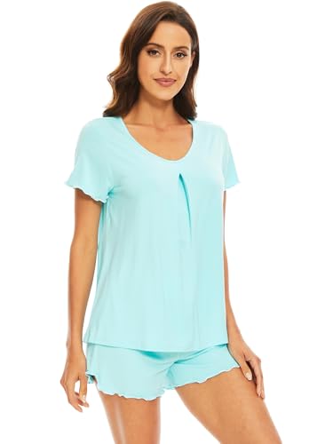 Image of WiWi Womens Pajamas Set Bamboo Viscose Super Soft Short Sleeve Top Ruffle Shorts Sleepwear Cooling Pj Sets S-XXL