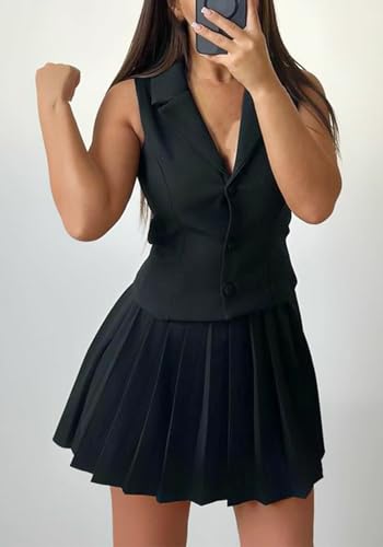 Tcremisa Women's Summer Skirts Suit - Chic Black 2 Piece Blazer and Mini Pleated Skirt Set in X-Large - Image 2