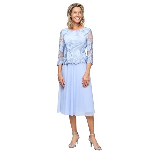 Alex Evenings Women's Tea Length Embroidered Bodice Mother of The Bride Gown, Wedding Guest Dress
