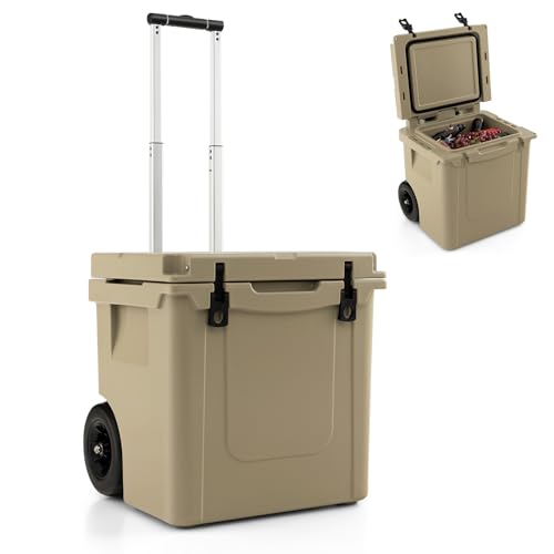 GYMAX Glacière Portable à roulettes 43 L, Boîte Isotherme avec Roues & Poignée Réglable en 3 Positions & Verrouillage & Trou de Drainage, pour...