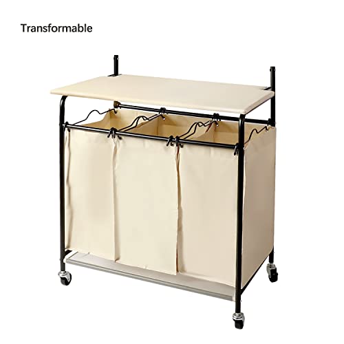 Myoyay 3 Section Laundry Sorter With Garment Hanging Bar Rack Foldable Ironing Board, Laundry Basket Organizer Heavy Duty Laundry Hamper Rolling Cart With Lockable Wheels And 3 Removable Bags #TOP5