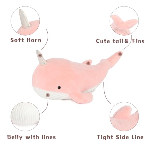 Image of Tezituor 24 Inch Narwhal Stuffed Animal, Hugging Soft Ocean Narwhal Pillow Gift for Girls Kids, Cute Pink Large Stuffed Whale Plush Toy Christmas Deaor Gift