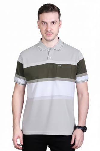 Image of GODFREY Striped Tshirt Shirts Men Cotton Polo T Shirt for Man with Pocket - Regular Fit Half Sleeve Collar T Shirts for Men