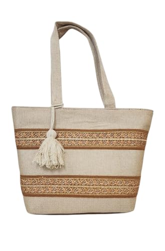 Image of Babbotty Jute Stylish Tote Bags for Women Big Size with Zip Multiple Compartments Inner Pocket Ladies Purse Handbags Girls Shoulder Hobo Bag for Office College Daily Use & Travel