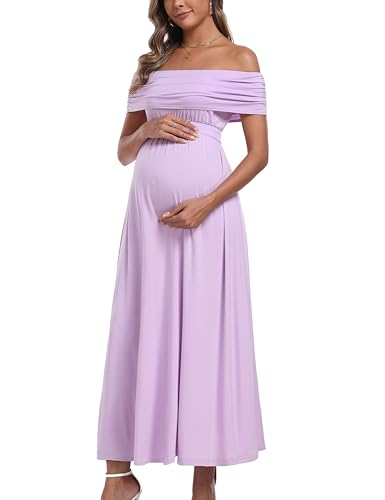 Off The Shoulder Maxi Maternity Dress for Photoshoot Baby Shower Sleeveless Casual Long Dresses Light Purple M