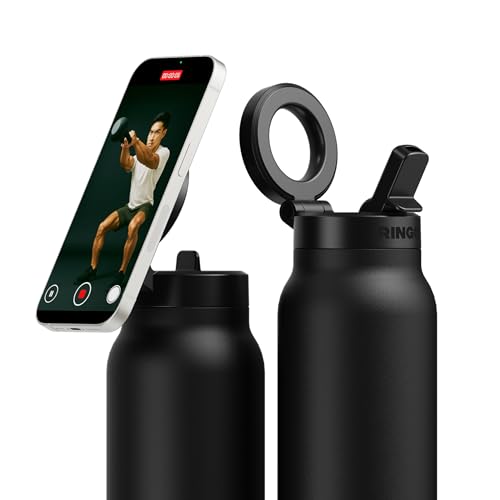 RINGO PRO Water Bottle with Magnetic Phone Mount & Sip Straw Lid - Insulated Stainless Steel Bottle for Workouts Content Creation Navigation & Facetime on the Go 12Hrs Hot/24Hrs Cold Black-24oz