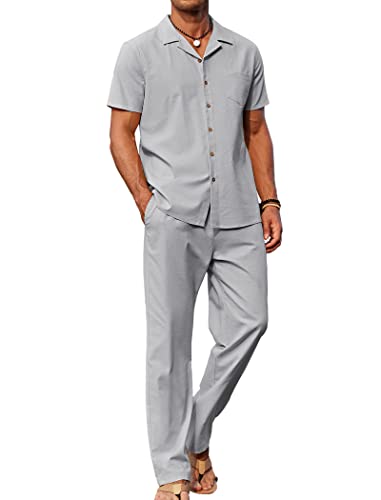 Image of COOFANDY Men 2 Piece Linen Outfit Beach Button Down Shirt Casual Loose Pant Sets