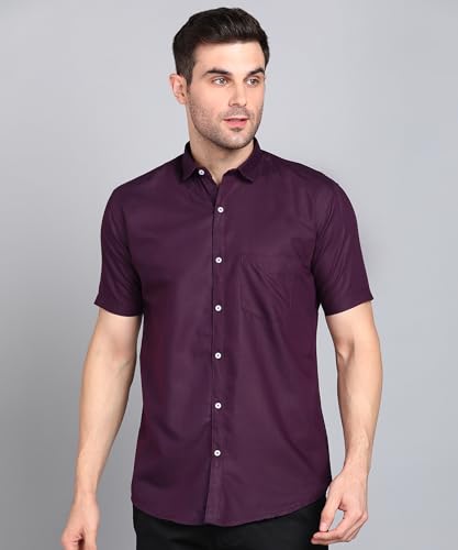 Image of MILDIN Men's Cotton Blend Solid Shirt with Spread Collared Half Sleeve Curved Hemline Button Closure Regular Fit and One Pocket | Half Sleeve Shirt for Men