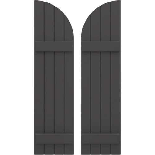 14"W x 56"H Americraft Four Board (2 Batten) Joined Exterior Real Wood Joined Board-n-Batten Shutters w/Arch Top (Per Pair), Shadow Mountain