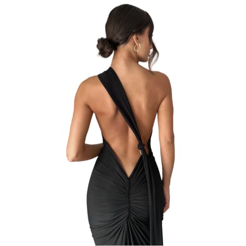 Women's Sexy One Shoulder Backless Maxi Dress Elegant Ruched O Ring Sleeveless Evening Dress Long Gown Cocktail Dress4