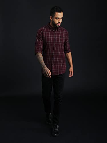 Image of THE BEAR HOUSE Men's Cotton Slim Checks Button-Down Casual Shirt |Maroon |L |TBH-Andreas-MR-L |
