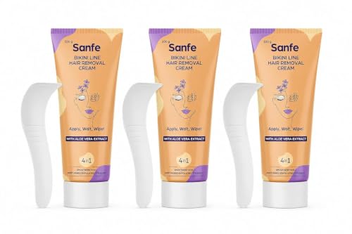 Image of Sanfe Bikini Line Hair Removal Cream for Women | Aloe Vera Extract | Painless Hair Removal Cream for Bikini Area, Underarms & Body | Smooth Skin in 5-10 Minutes | Includes Applicator | 100g | Pack of 3