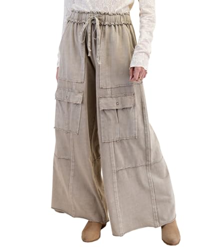 Women's Casual Wide Leg Pants Loose Drawstring Elastic Waist Patchwork Flowy Cargo Pants - Main Image