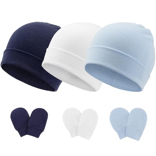 Image of AQOKKA 3 Pcs Newborn Hats for Baby Girls Infant Beanie Cap Baby Hats and Mittens for Newborn Baby Girl Boy Essentials 0-6 Months