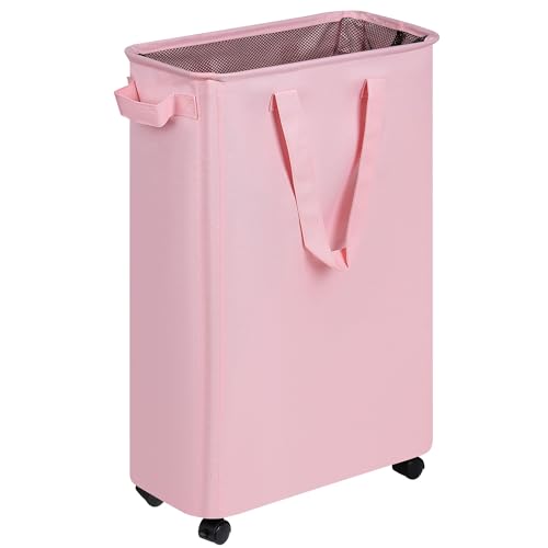 Image of efluky Slim Laundry Hamper with Wheels, Rolling Laundry Basket for Clothes, Small Laundry Basket for Bedroom, Dorm and Laundry Room, 60L (12.7 Gallons) Pink