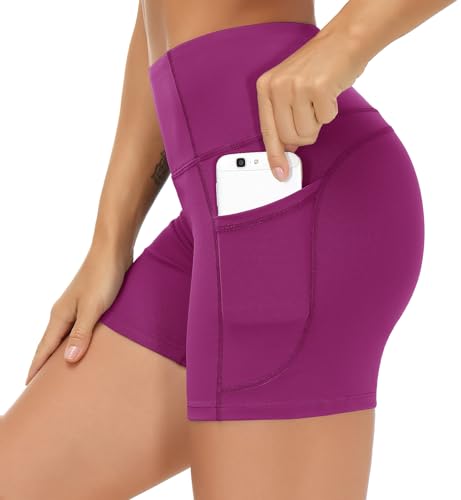 Image of THE GYM PEOPLE High Waist Yoga Shorts for Women's Tummy Control Fitness Athletic Workout Running Shorts with Deep Pockets