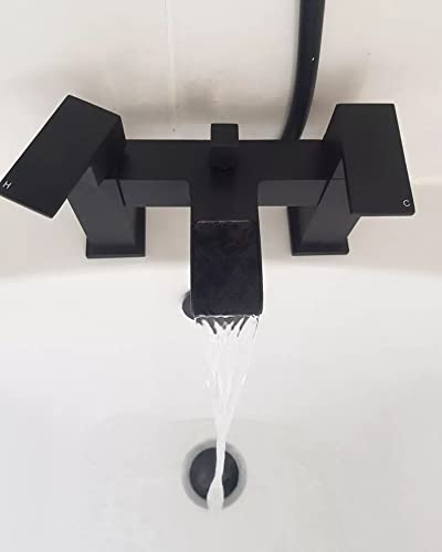 ENKI, Plaza, BBT0273, Matte Black Square Waterfall Bath Shower Mixer Tap with Rigid Riser Shower Rail Kit, Square Ultra Slim Shower Head - Image 6