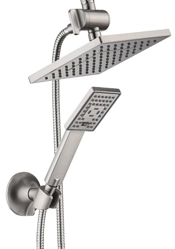 BRIGHT SHOWERS Rain Shower Head with Handheld Spray, 8 Inch Rainfall Shower Head Combo with 60' Hose, Adjustable Dual Square Showerhead Set with 3-Way Diverter, Wall Bracket, Brushed Nickel