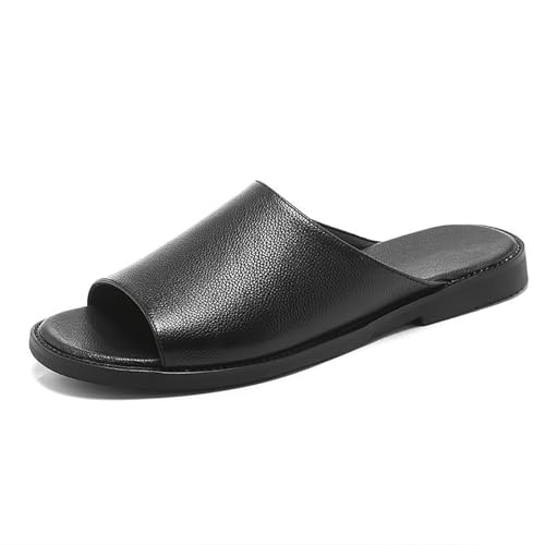 Men's Leather Flat Slides Sandals Comfortable Open Toe Slip On Soft Bottom Anti-Slip Walking Slippers Summer Indoor Outdoor Casual Beach Sandals