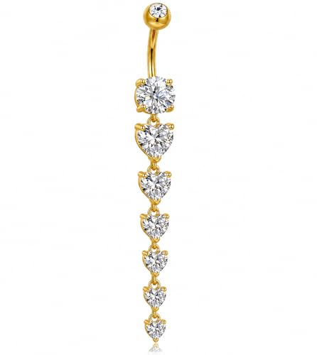 G23 Titanium Belly Button Ring Gold for Women 14G Internally Threaded Long Dangle Belly Ring with Heart CZ Hypoallergenic Navel Ring Piercing Jewelry 18K Gold Plated Belly Button Piercing Jewelry