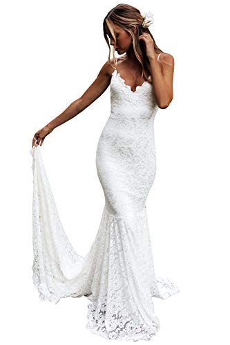 Mermaid Wedding Dresses for Bride Spaghetti Straps Backless Beach Lace Bridal Gowns with Train