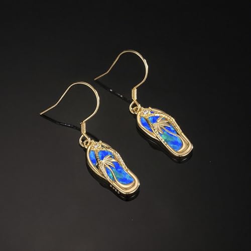 Midir&Etain Flip Flop Earrings 925 Sterling Silver 14K Gold Plated Summer Blue Opal Dangle Earrings Palm Tree Beach Jewelry Gifts for Women by Midir&Etain - Used condition - Image 2