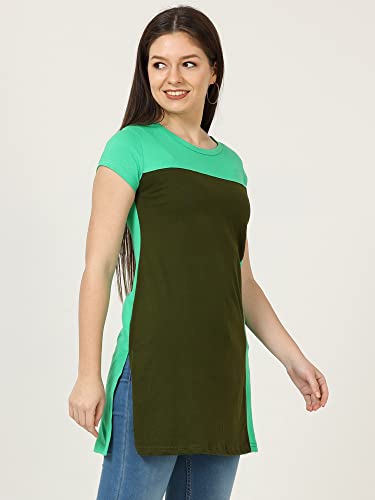 Image of FLEXIMAA Women's Cotton Round Neck Color Block Half Sleeve Long Top
