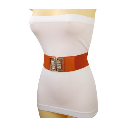 Women Fashion Orange Faux Leather Elastic Waistband Belt Gold Metal Square Buckle S M z0882