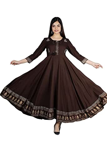 Image of Women's Rayon Golden Flroal Printed Anarkali Kurti