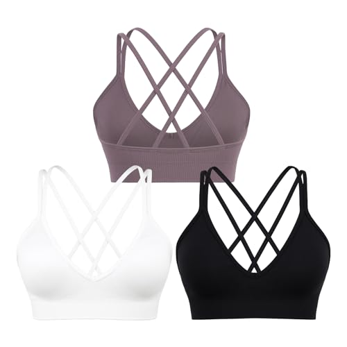 Sports Bra for Women V-Neck Strappy Criss Cross Yoga Bra Padded Medium Support Workout Gym Athletic Fitness Bras 3 Pack