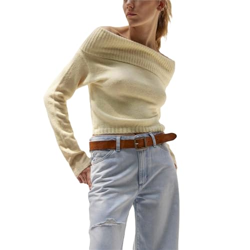 Image of Women Off The Shoulder Sweater Y2k Long Sleeve Boat Neck Knit Cropped Pullover Tops Fall Trendy Going Out Streetwear