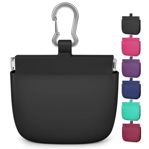 RBibei【One-Hand Access Silicone Dog Treat Pouch, Small Pocket Sized Training Pouch with Pull Tab & Auto Closing Lid for Easy Pet Training & Walking (Black)