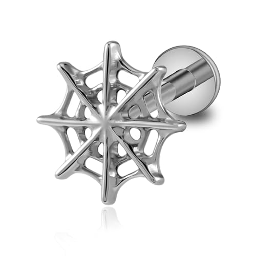FINE4U Halloween Spider Web Cartilage Earring Costumes Jewelry for Women 18 6mm 8mm - ASTM F136 Titanium Flat Back Earrings Stud for Conch Helix Flat Lobe