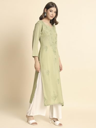Image of VAIRAGEE Women's Embroidered Lukhnavi Chikankari Work Straight Rayon Ethnic Kurta | Casual Office Kurta for Women