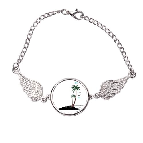 Pulsera de playa con alas de ángel y gaviotas y árbol de coco, Medium, Metal