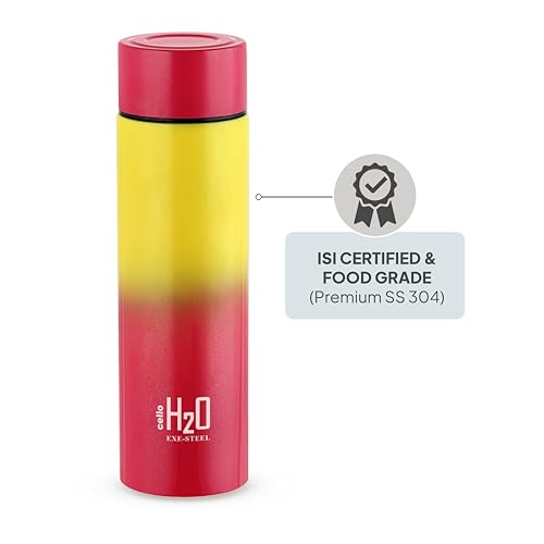 Image of CELLO H2O Luma Stainless Steel Water Bottle For Office Use 1000ml, Yellow Pink | Single Wall Freezer & Fridge Safe Lightweight & Stylish Leakproof Rustproof Steel Water Bottle For School Kids & Travel