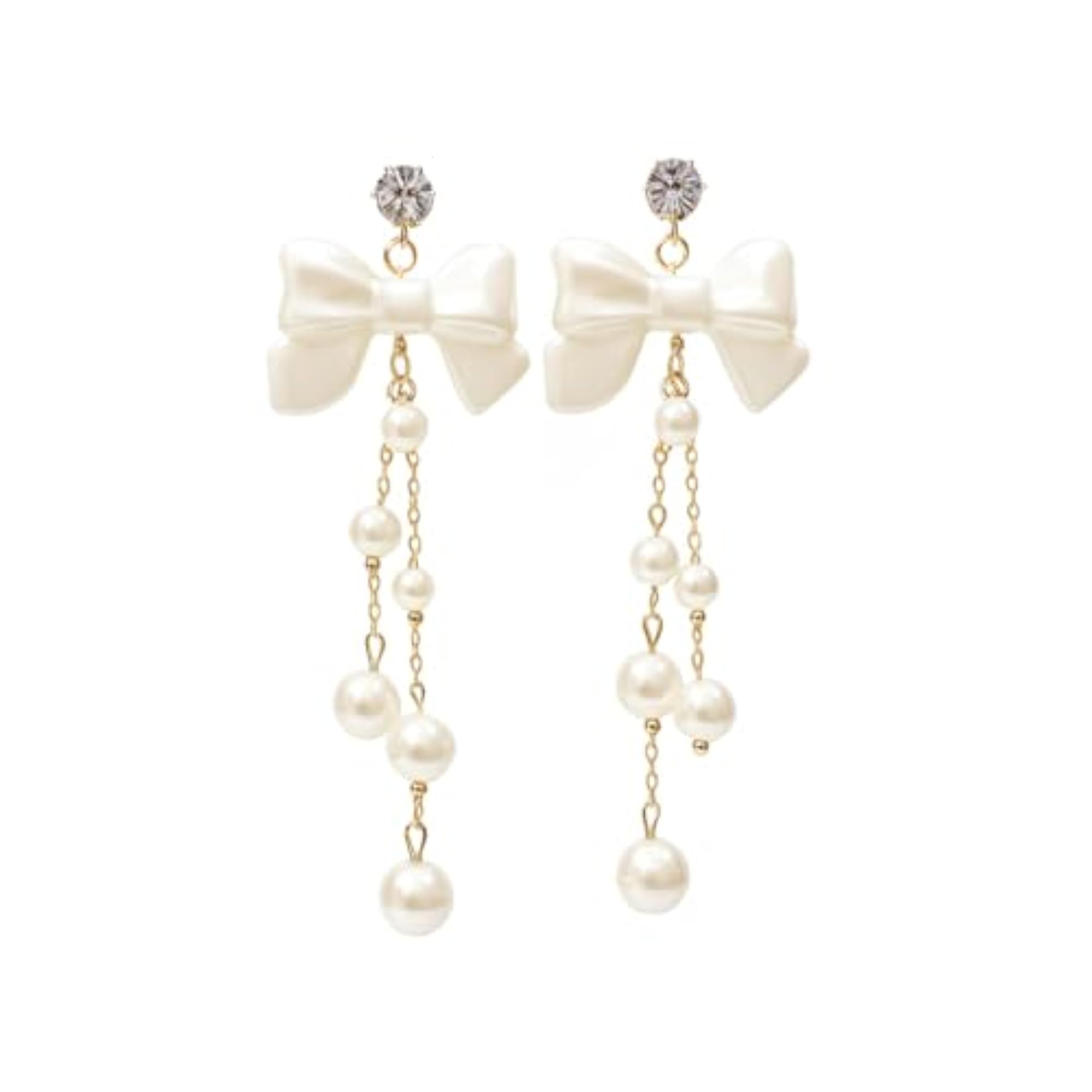 Pearl Drop Earrings with Bow & Crystal Stud