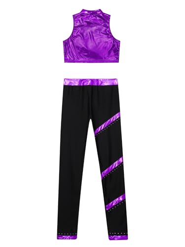easyforever Kids Girls Sport Outfits Mock Neck Metallic Crop Top With Shiny Striped Pants Jazz Hip-hop Dance Workout Outfits Purple 6 Years4