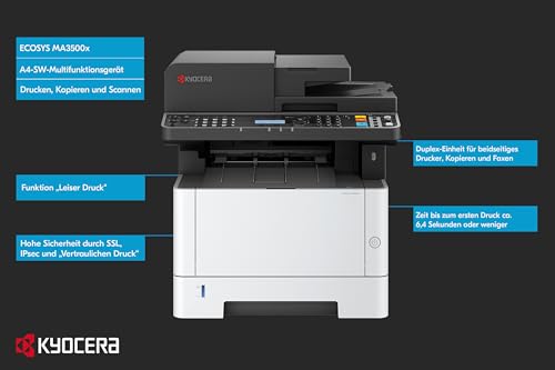 Kyocera Ecosys MA3500x Multifunktionsdrucker Schwarz Weiss. Drucker Scanner Kopierer. 35 Seiten pro Minute. Laserdrucker Multifunktionsgerät inkl. Mobile-Print-Funktion