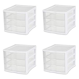 Sterilite 17918004 3 Drawer Unit, White Frame with Clear Drawers, Pack of 4