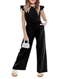 CharmWM Girls Jumpsuit Kids Fashion Cap Sleeve Belted Wide Leg Romper Dressy One Piece Outfits with Pockets